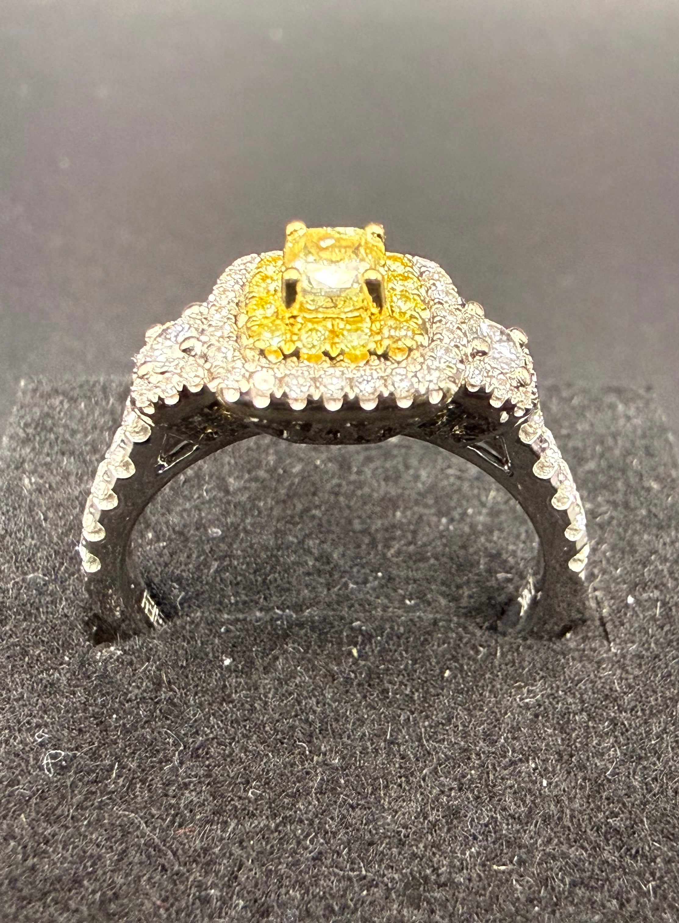 Effy 18ct White Gold Fancy Yellow Diamond Double Halo Ring Size O 1/2 4.9g