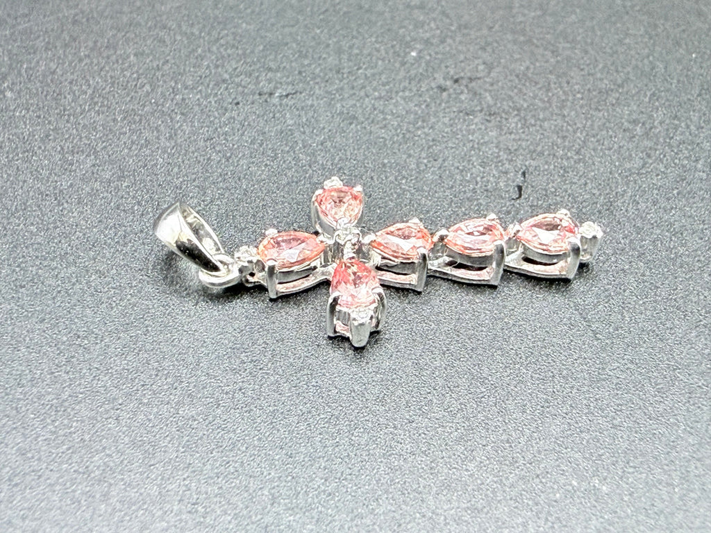 9ct White Gold Natural Padparadscha Sapphire Cross Pendant 1.5g Hallmarked