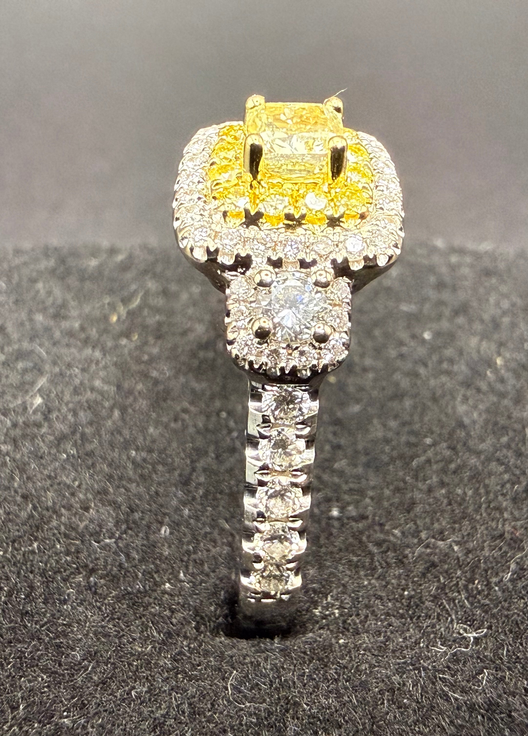 Effy 18ct White Gold Fancy Yellow Diamond Double Halo Ring Size O 1/2 4.9g
