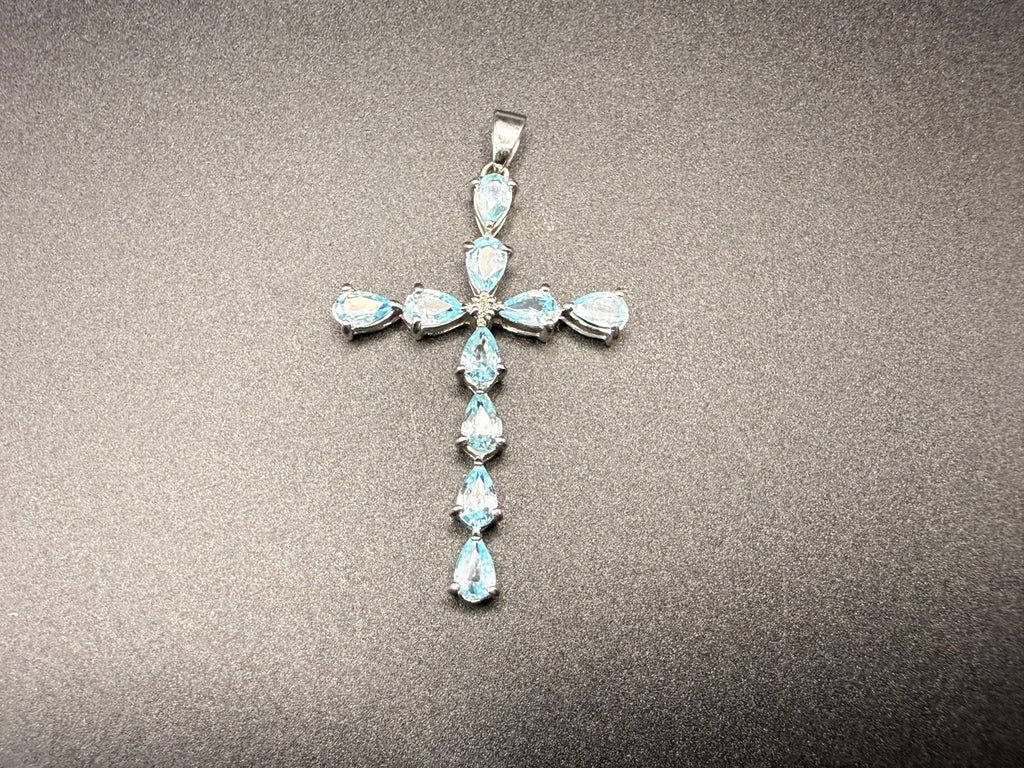 9ct White Gold Blue Topaz Cross Pendant 2.7g Hallmarked