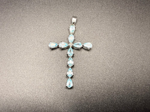 9ct White Gold Blue Topaz Cross Pendant 2.7g Hallmarked
