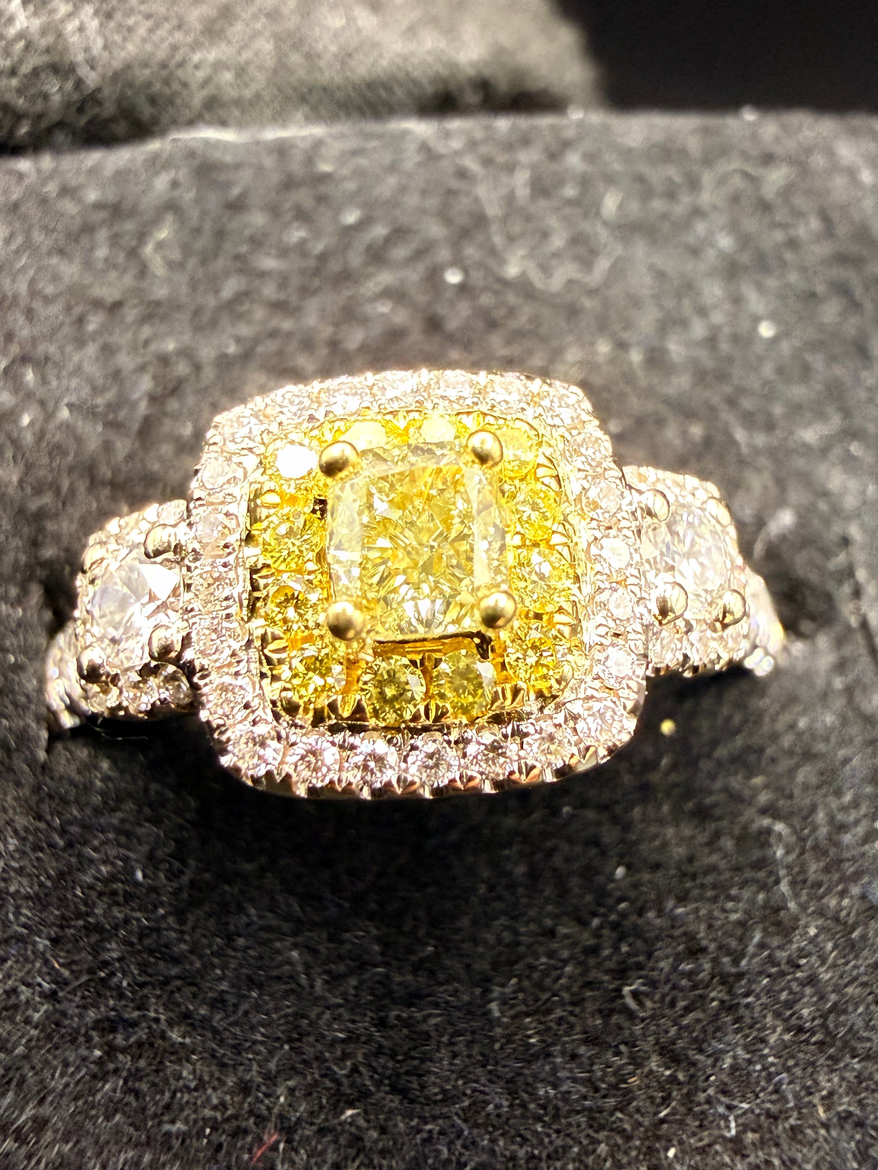 Effy 18ct White Gold Fancy Yellow Diamond Double Halo Ring Size O 1/2 4.9g