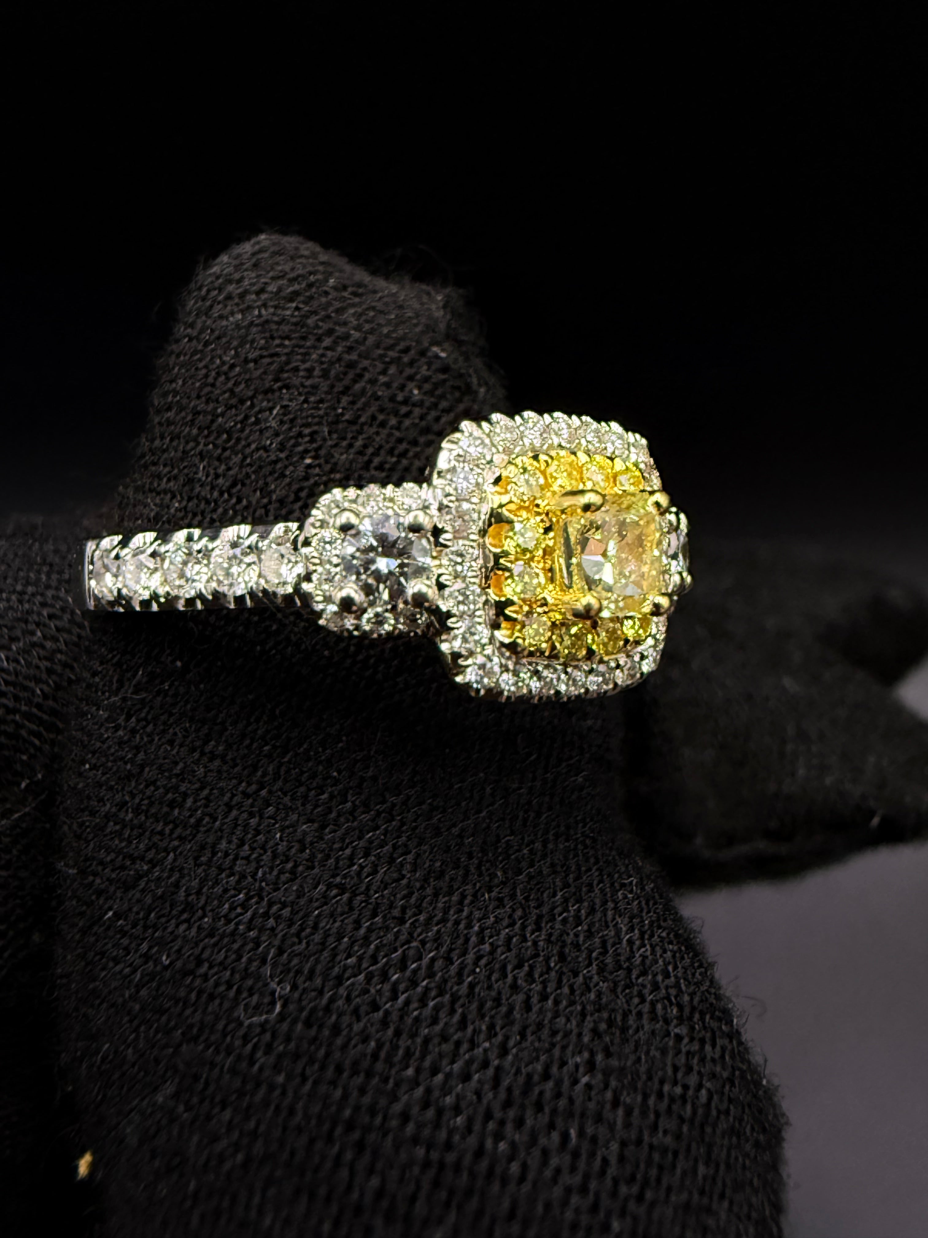Effy 18ct White Gold Fancy Yellow Diamond Double Halo Ring Size O 1/2 4.9g