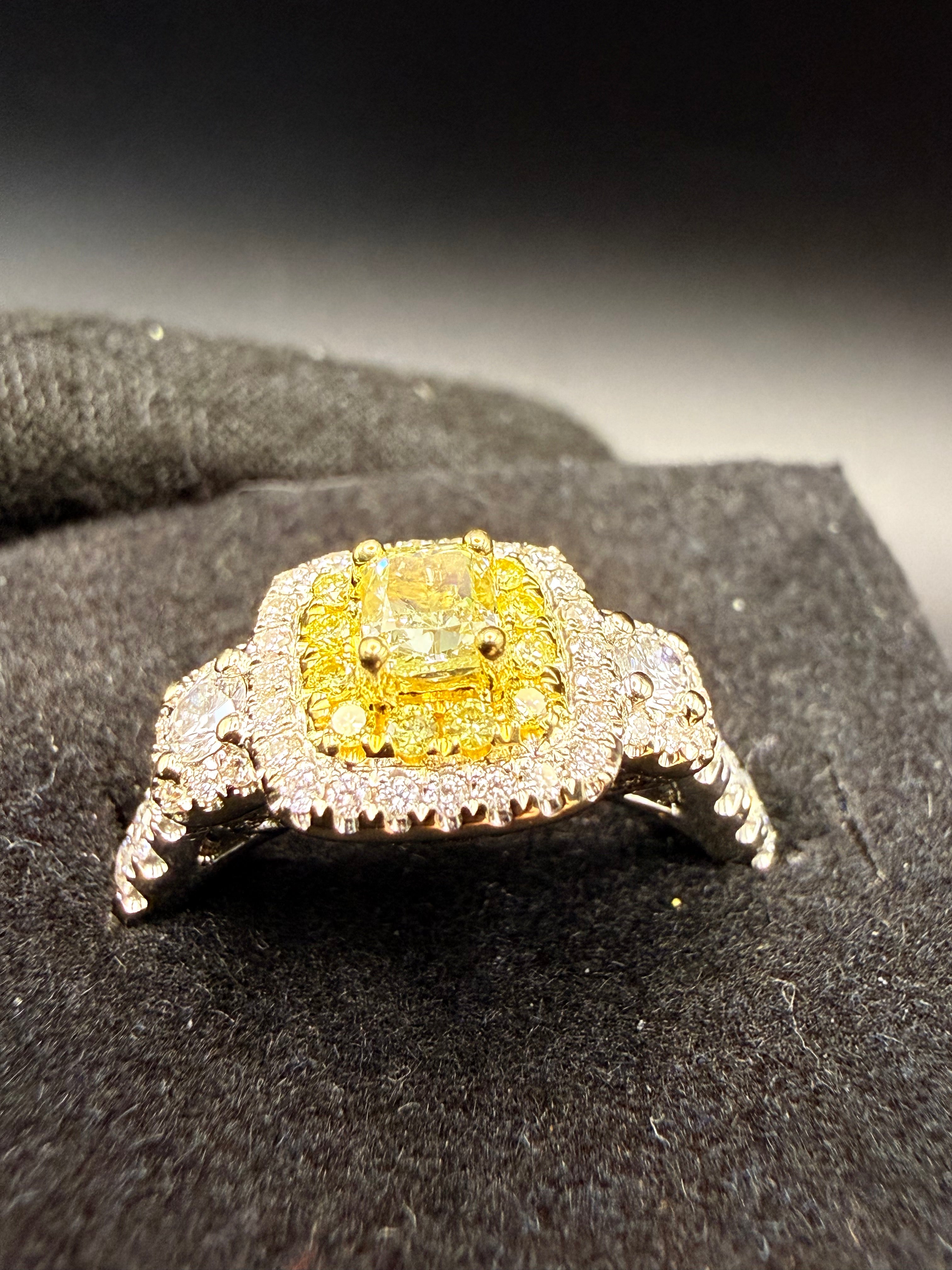 Effy 18ct White Gold Fancy Yellow Diamond Double Halo Ring Size O 1/2 4.9g