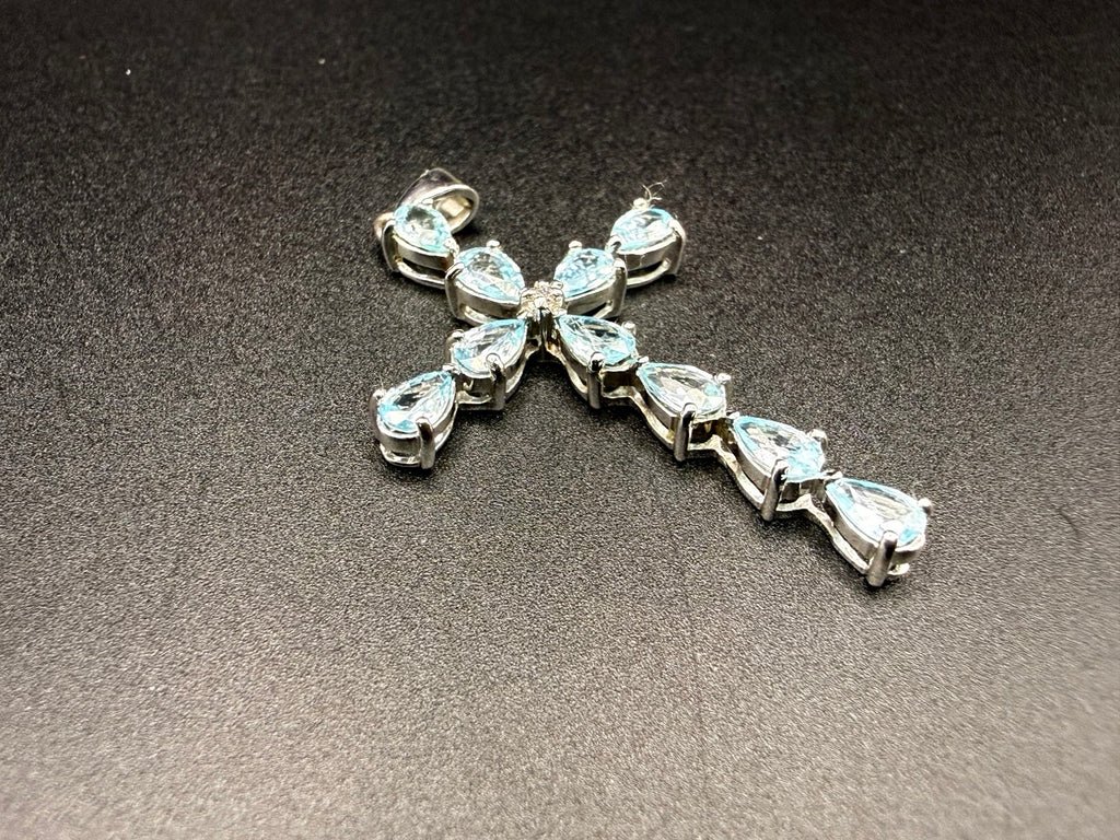 9ct White Gold Blue Topaz Cross Pendant 2.7g Hallmarked