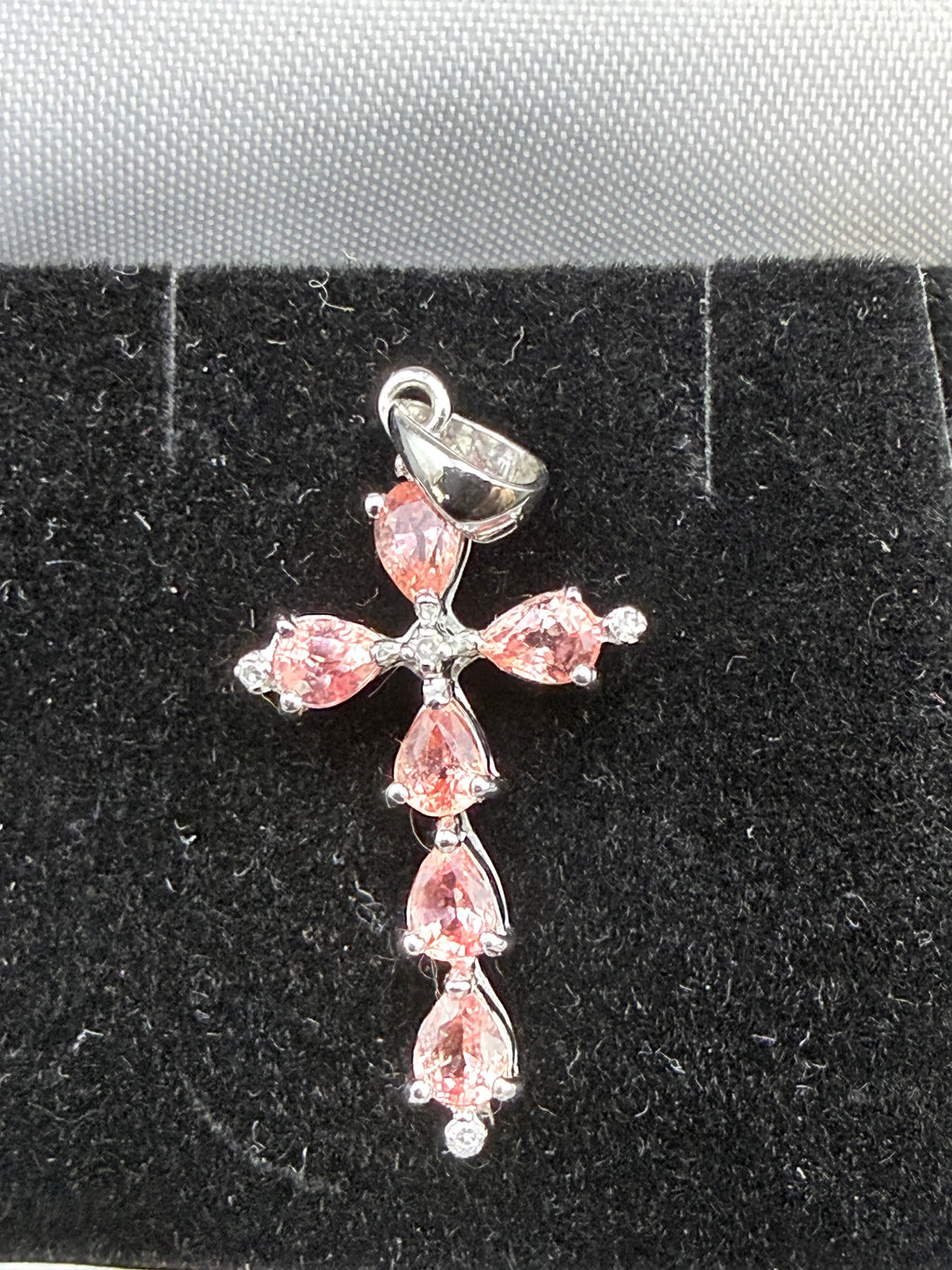 9ct White Gold Natural Padparadscha Sapphire Cross Pendant 1.5g Hallmarked