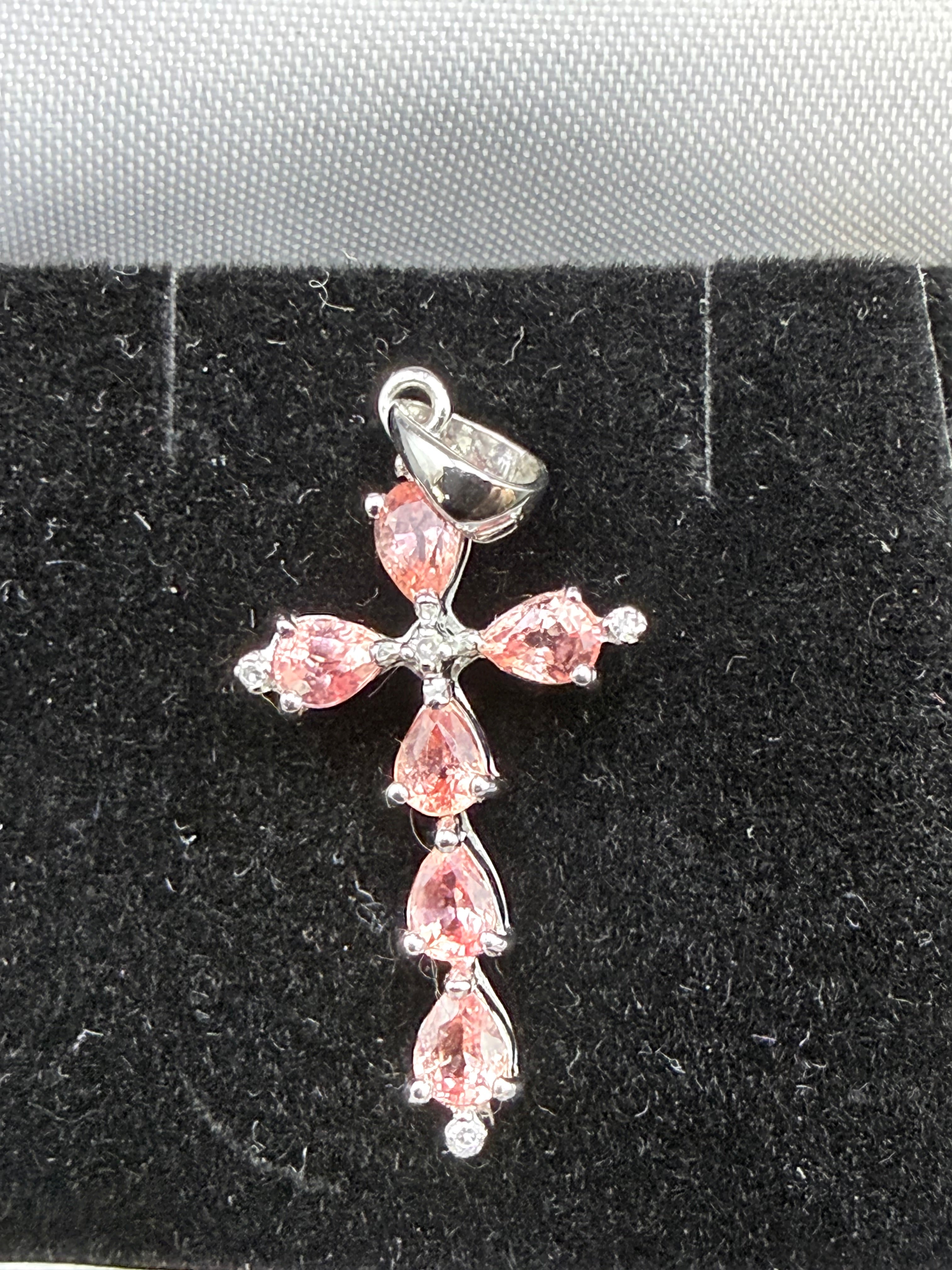 9ct White Gold Natural Padparadscha Sapphire Cross Pendant 1.5g Hallmarked