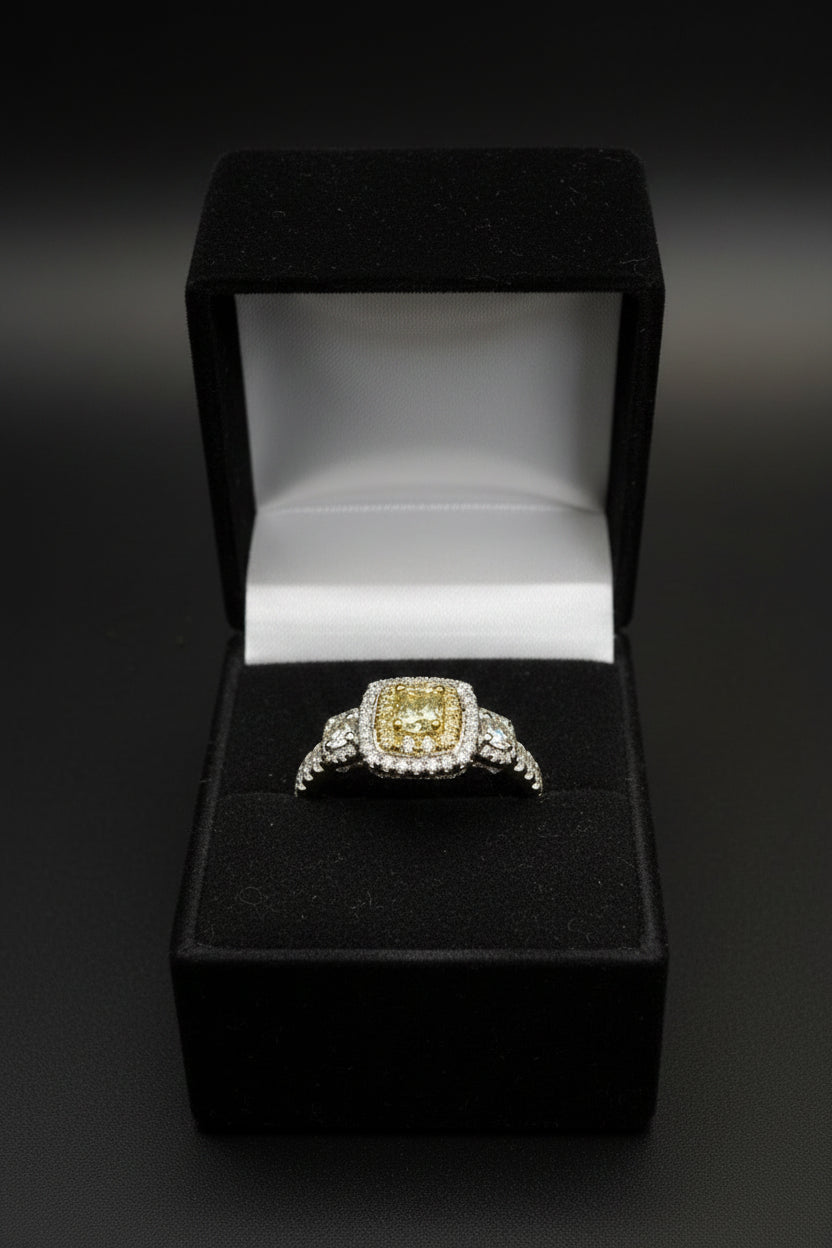 Effy 18ct White Gold Fancy Yellow Diamond Double Halo Ring Size O 1/2 4.9g