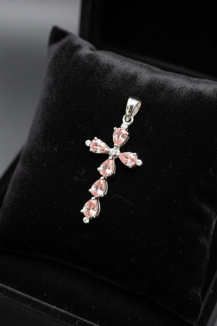 9ct White Gold Natural Padparadscha Sapphire Cross Pendant 1.5g Hallmarked