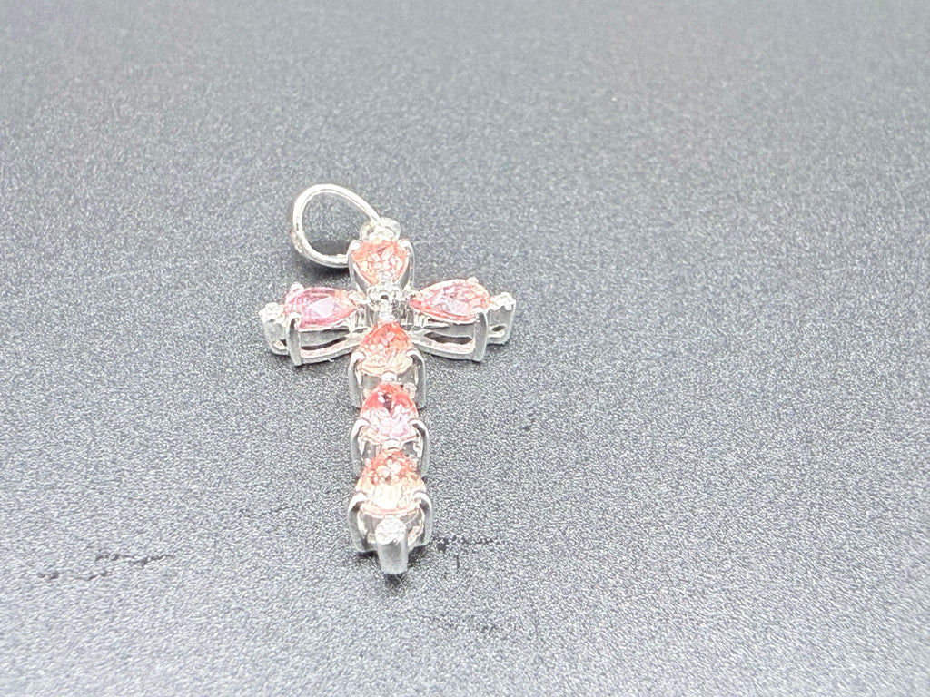 9ct White Gold Natural Padparadscha Sapphire Cross Pendant 1.5g Hallmarked