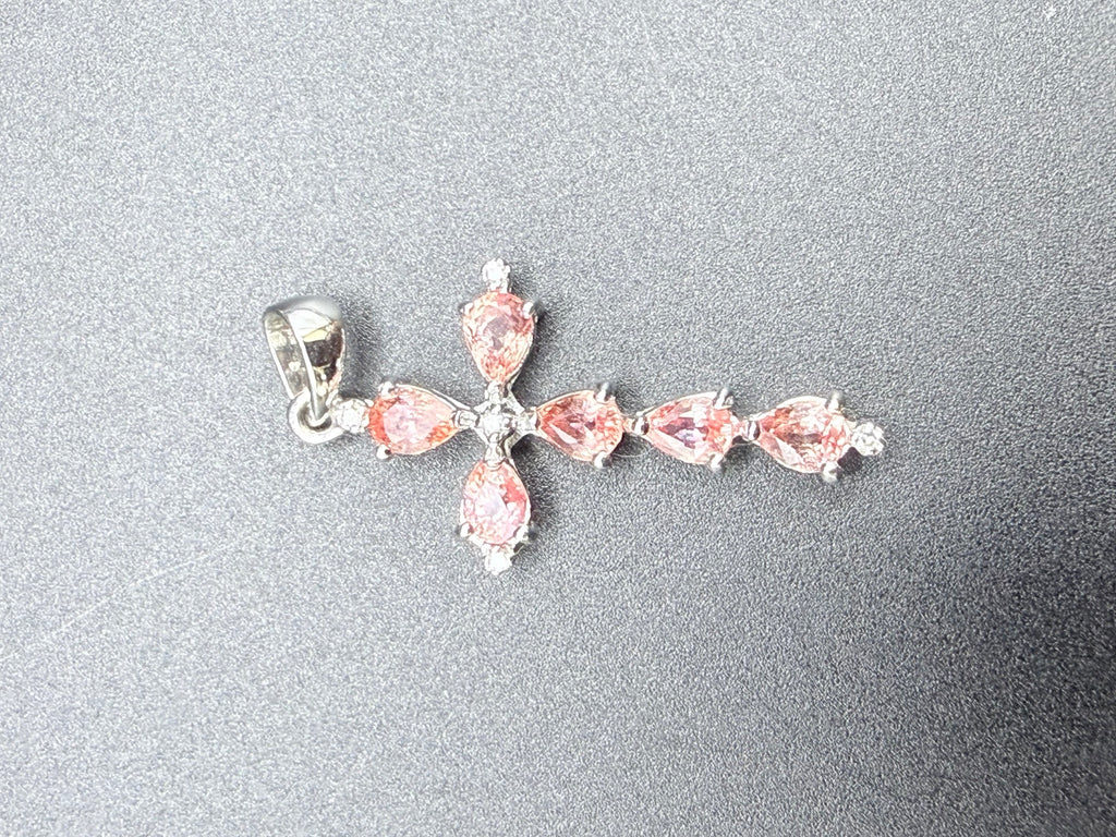 9ct White Gold Natural Padparadscha Sapphire Cross Pendant 1.5g Hallmarked