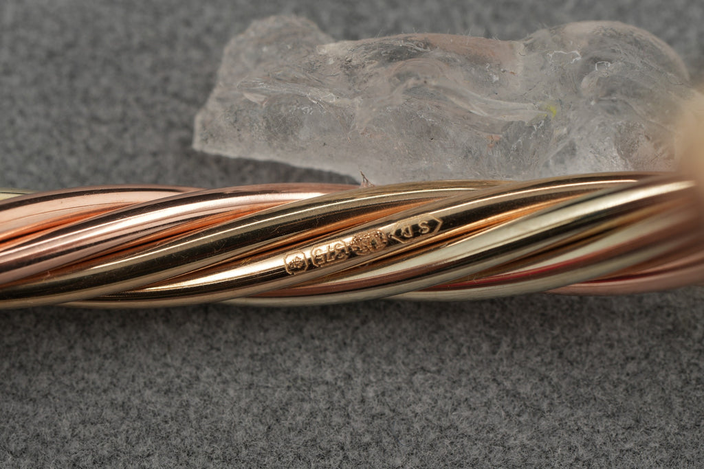 9ct Tricolour Gold Twist Effect Bangle 8.1g 375 Birmingham Hallmarked Ladies