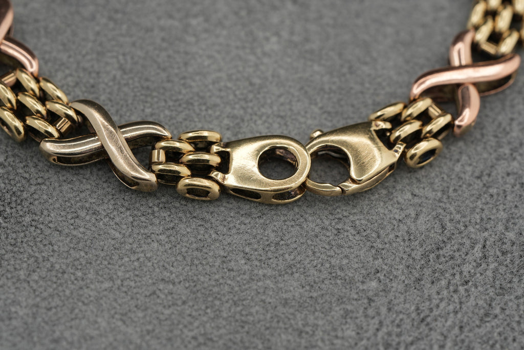 9ct Tricolour Gold Fancy Link Bracelet 18.7cm 13.6g 375 Sheffield Hallmarked