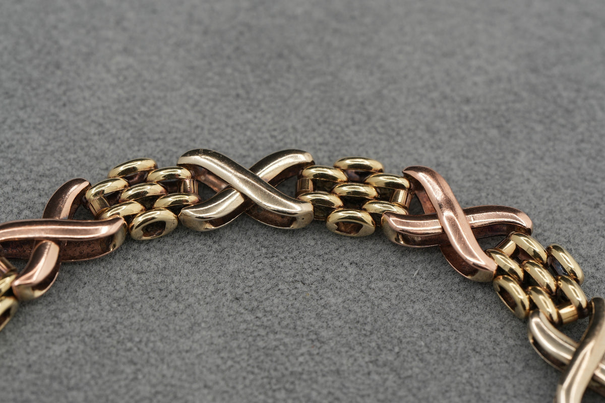 9ct Tricolour Gold Fancy Link Bracelet 18.7cm 13.6g 375 Sheffield Hallmarked