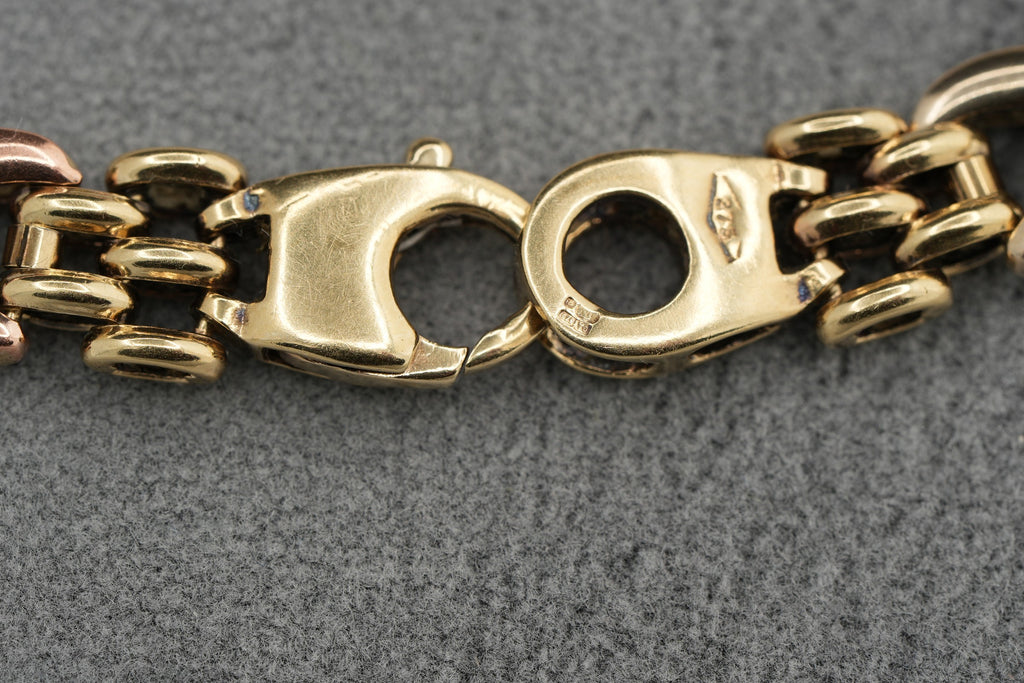 9ct Tricolour Gold Fancy Link Bracelet 18.7cm 13.6g 375 Sheffield Hallmarked