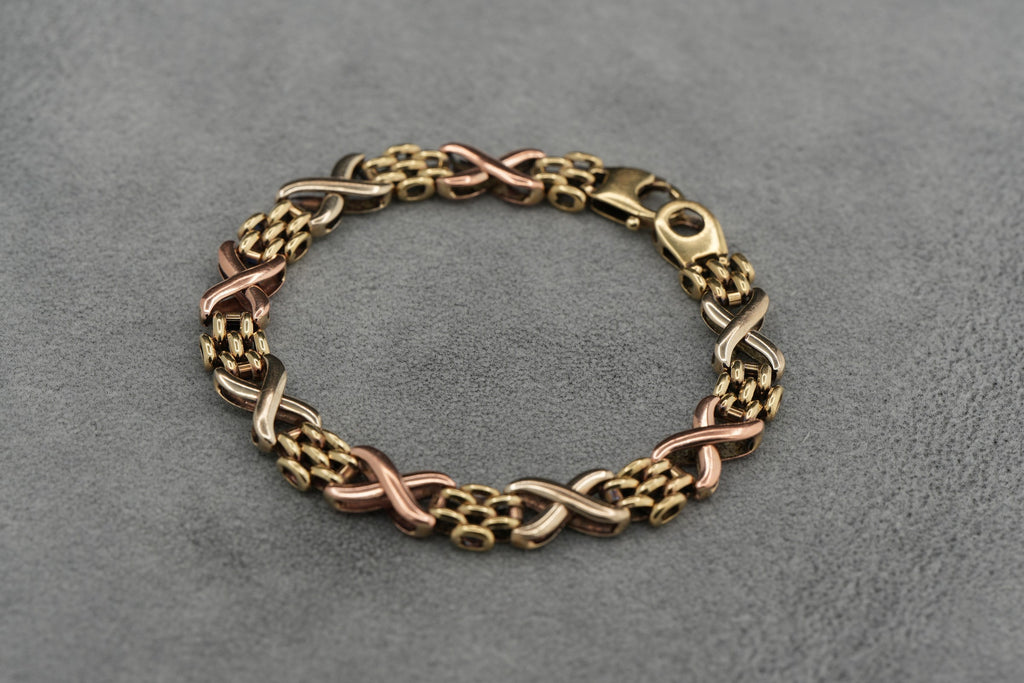 9ct Tricolour Gold Fancy Link Bracelet 18.7cm 13.6g 375 Sheffield Hallmarked