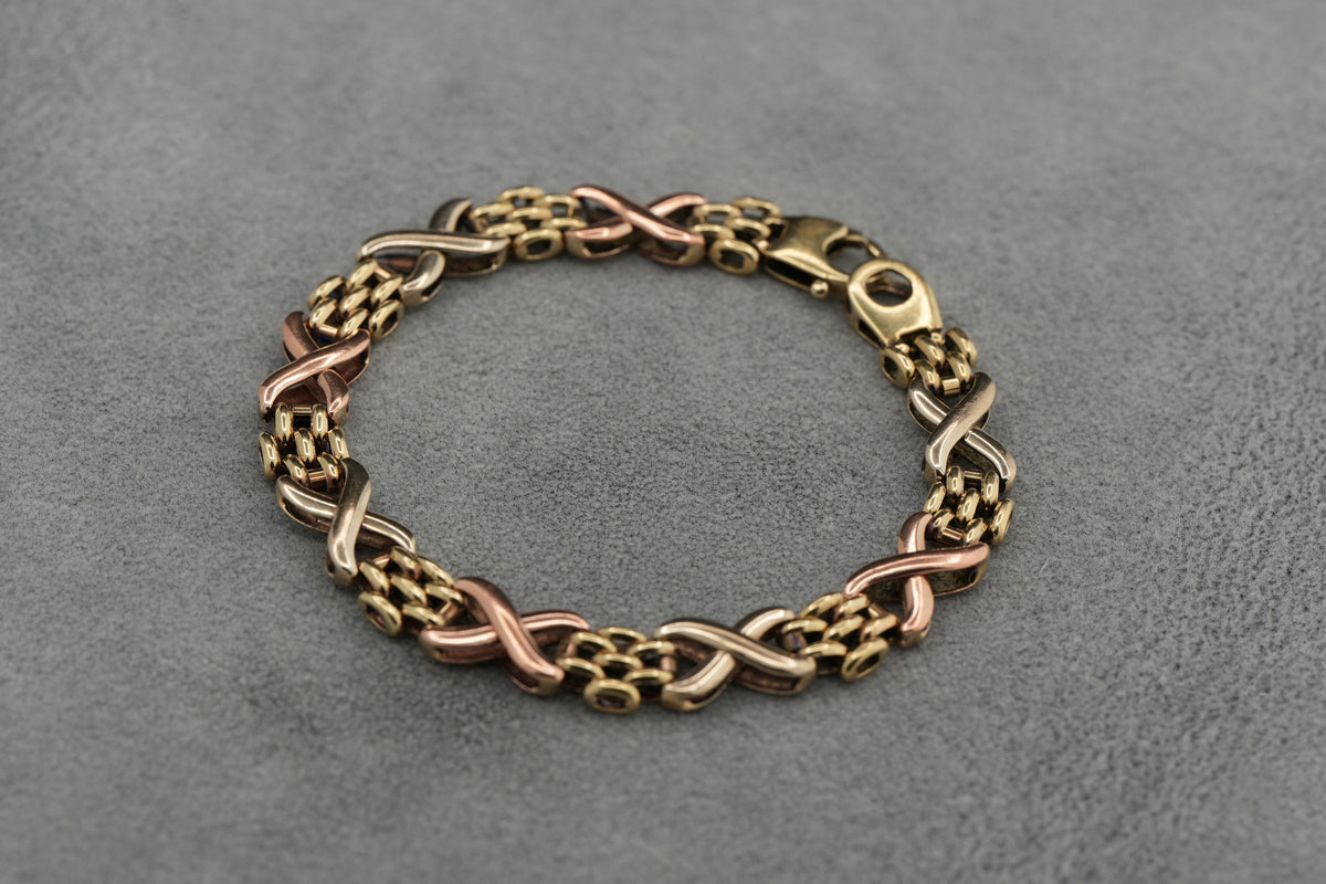 9ct Tricolour Gold Fancy Link Bracelet 18.7cm 13.6g 375 Sheffield Hallmarked