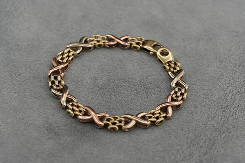 9ct Tricolour Gold Fancy Link Bracelet 18.7cm 13.6g 375 Sheffield Hallmarked
