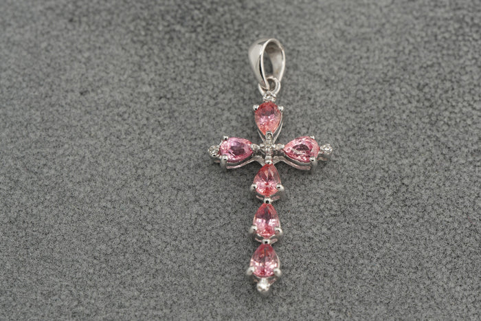 9ct White Gold Natural Padparadscha Sapphire Cross Pendant 1.5g Hallmarked