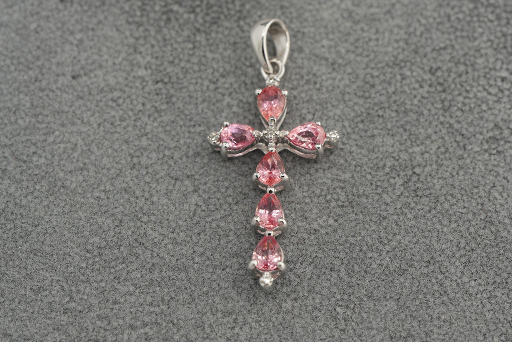 9ct white gold padparadscha sapphire and diamond cross pendant