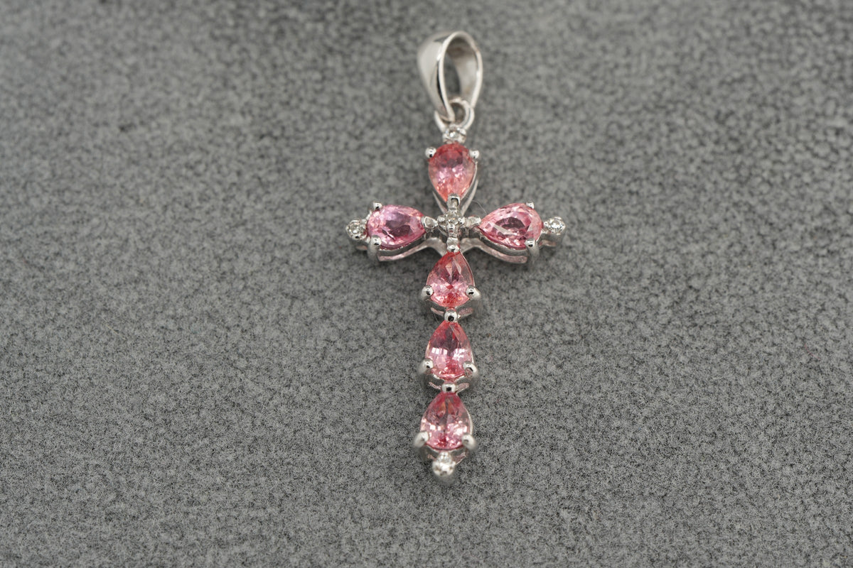 9ct white gold padparadscha sapphire and diamond cross pendant