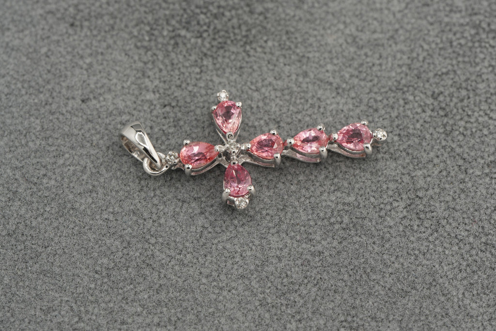 9ct white gold padparadscha sapphire and diamond cross pendant