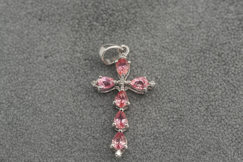9ct white gold padparadscha sapphire and diamond cross pendant