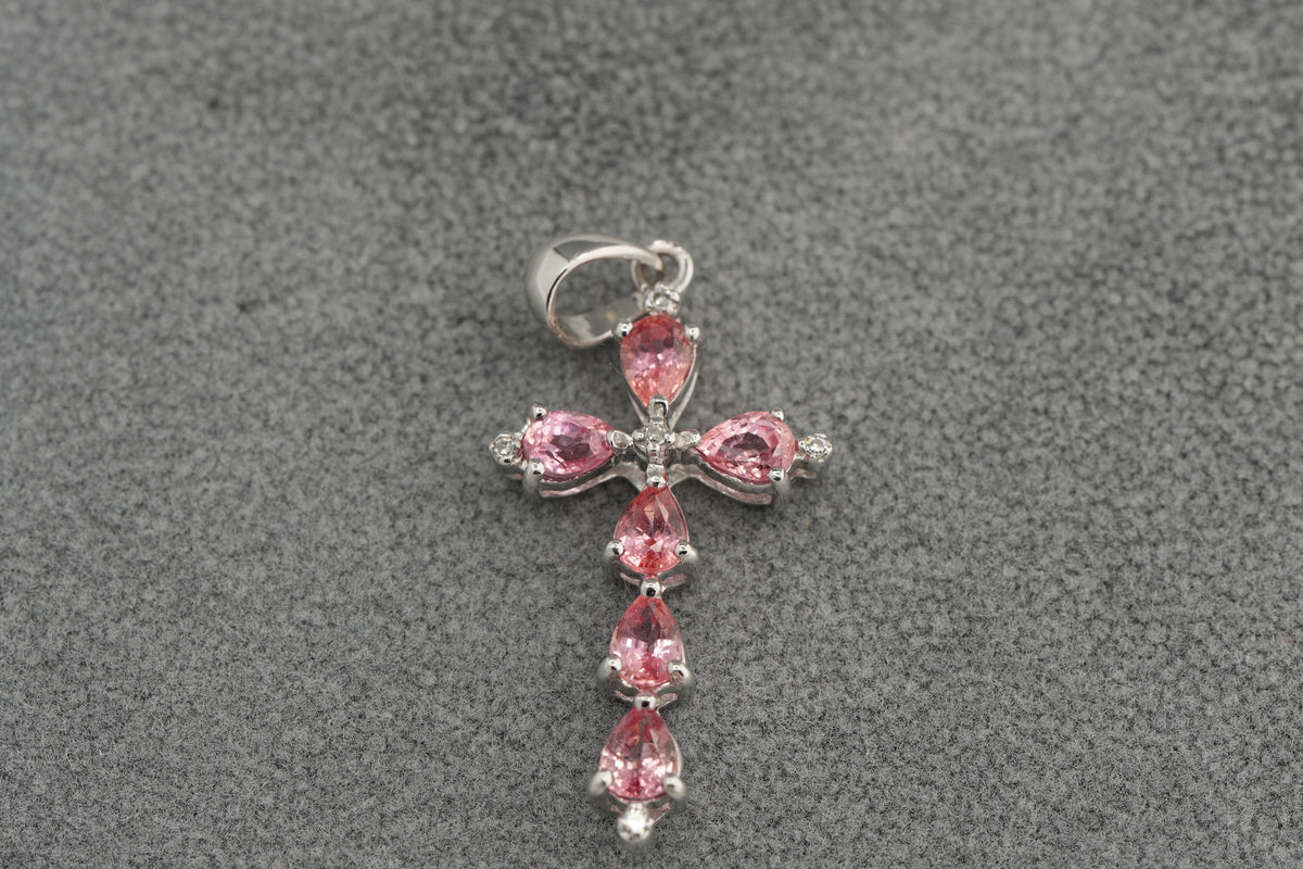 9ct white gold padparadscha sapphire and diamond cross pendant