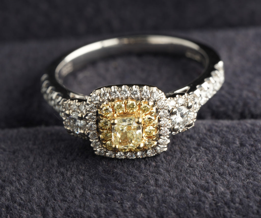 Effy 18ct white gold fancy yellow diamond double halo ring, Birmingham hallmarked EEC