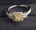 Effy 18ct white gold fancy yellow diamond double halo ring, Birmingham hallmarked EEC