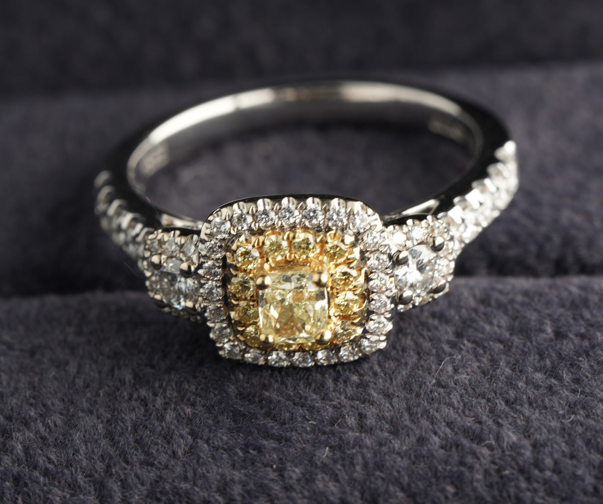 Effy 18ct white gold fancy yellow diamond double halo ring, Birmingham hallmarked EEC