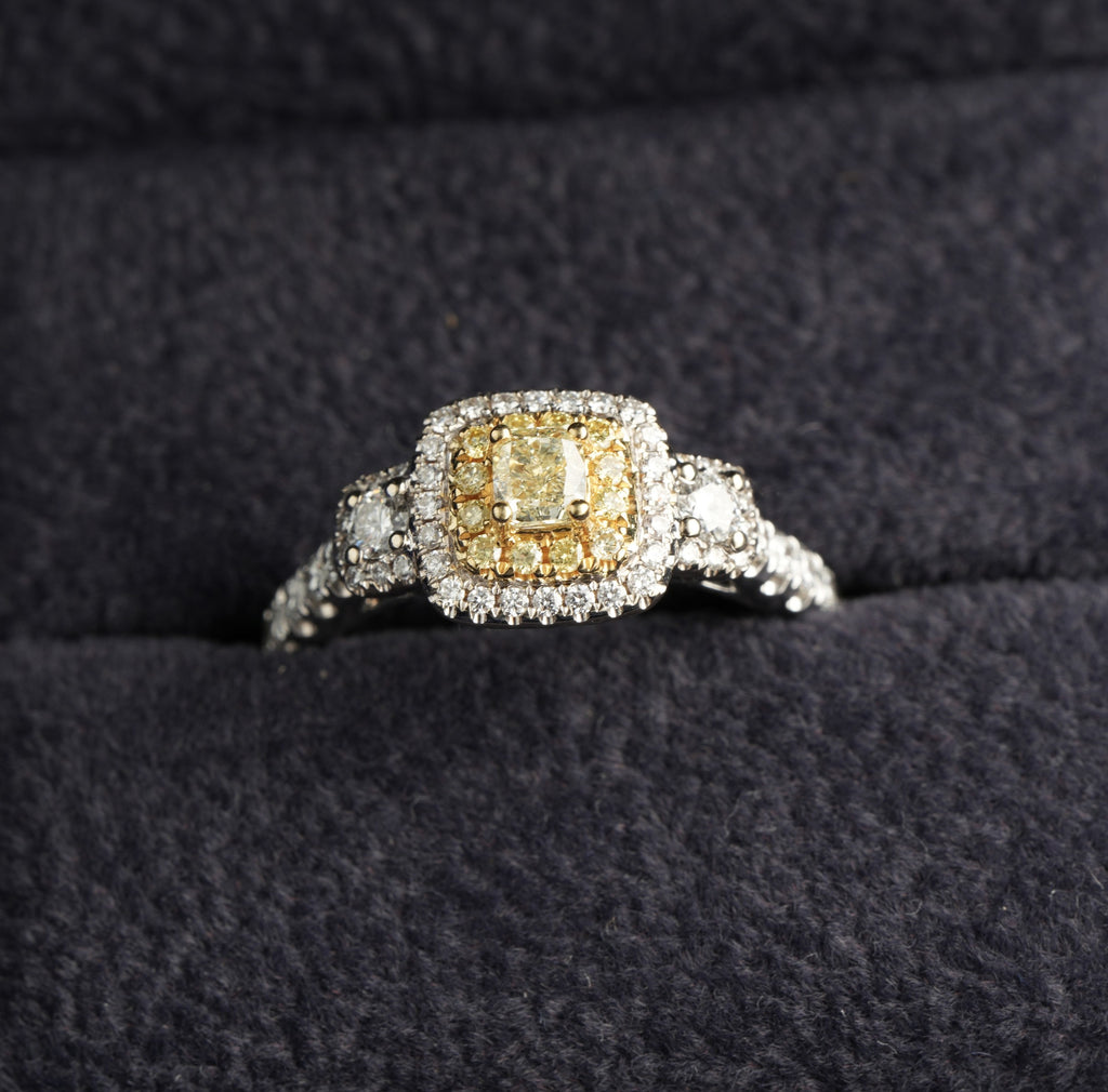 Effy 18ct white gold fancy yellow diamond double halo ring, Birmingham hallmarked EEC