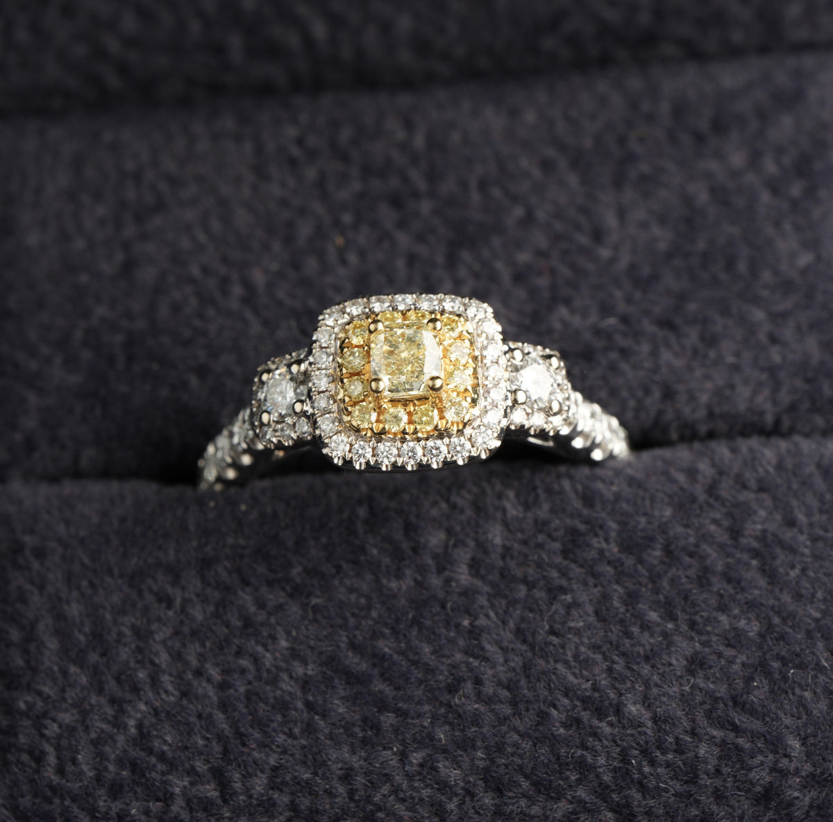 Effy 18ct white gold fancy yellow diamond double halo ring, Birmingham hallmarked EEC
