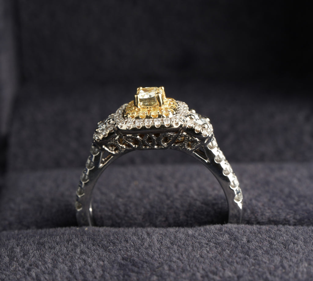 Effy 18ct white gold fancy yellow diamond double halo ring, Birmingham hallmarked EEC