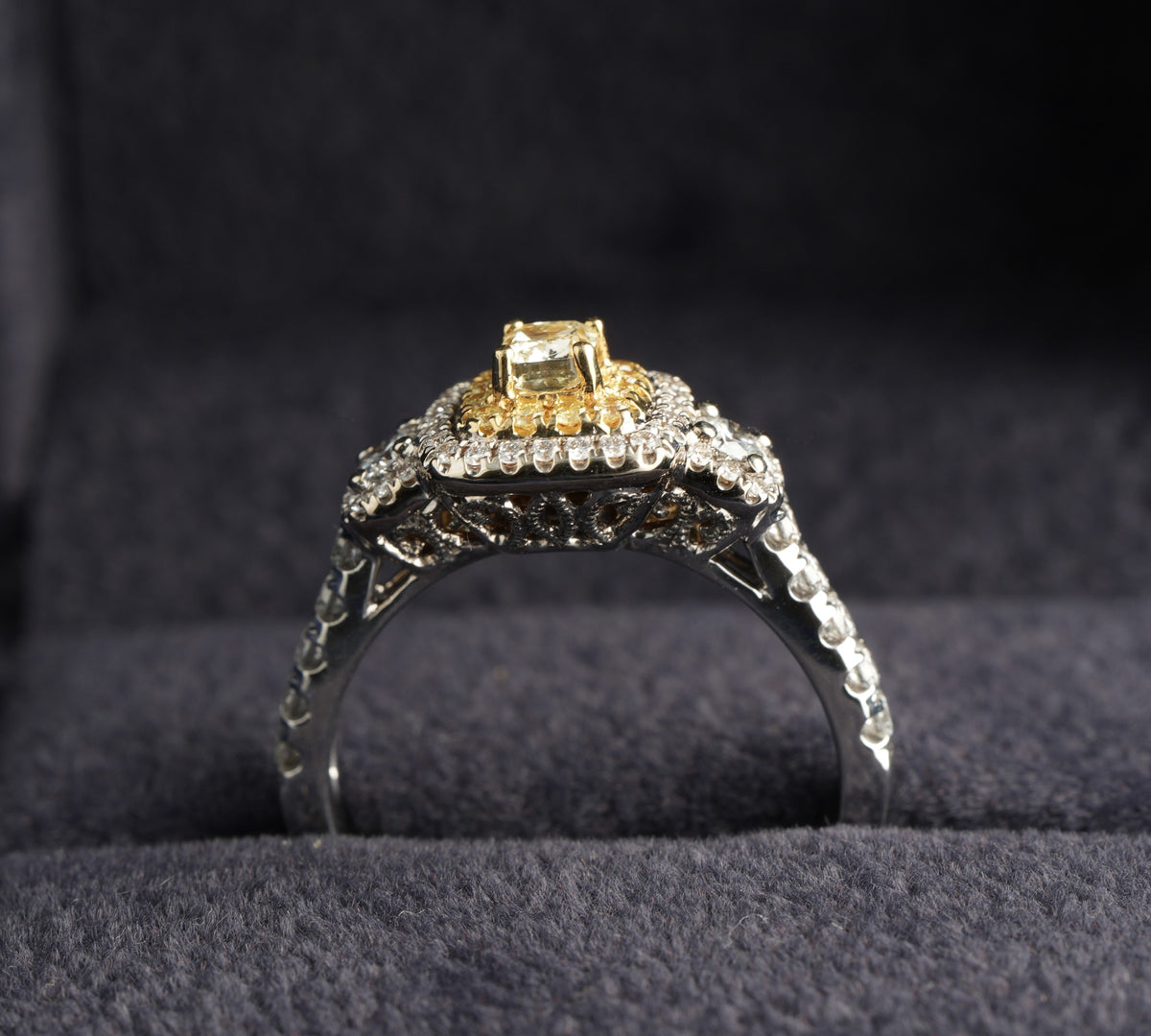 Effy 18ct white gold fancy yellow diamond double halo ring, Birmingham hallmarked EEC