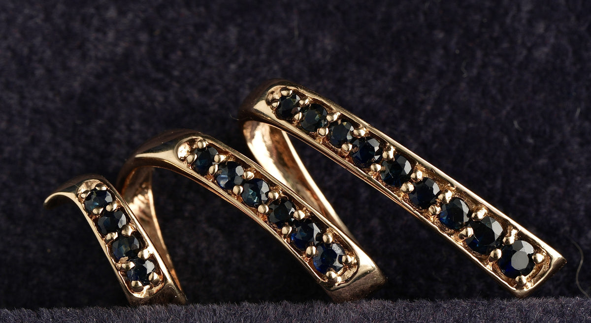 9ct gold spiral scarf slide, dark blue stones, Birmingham hallmarked