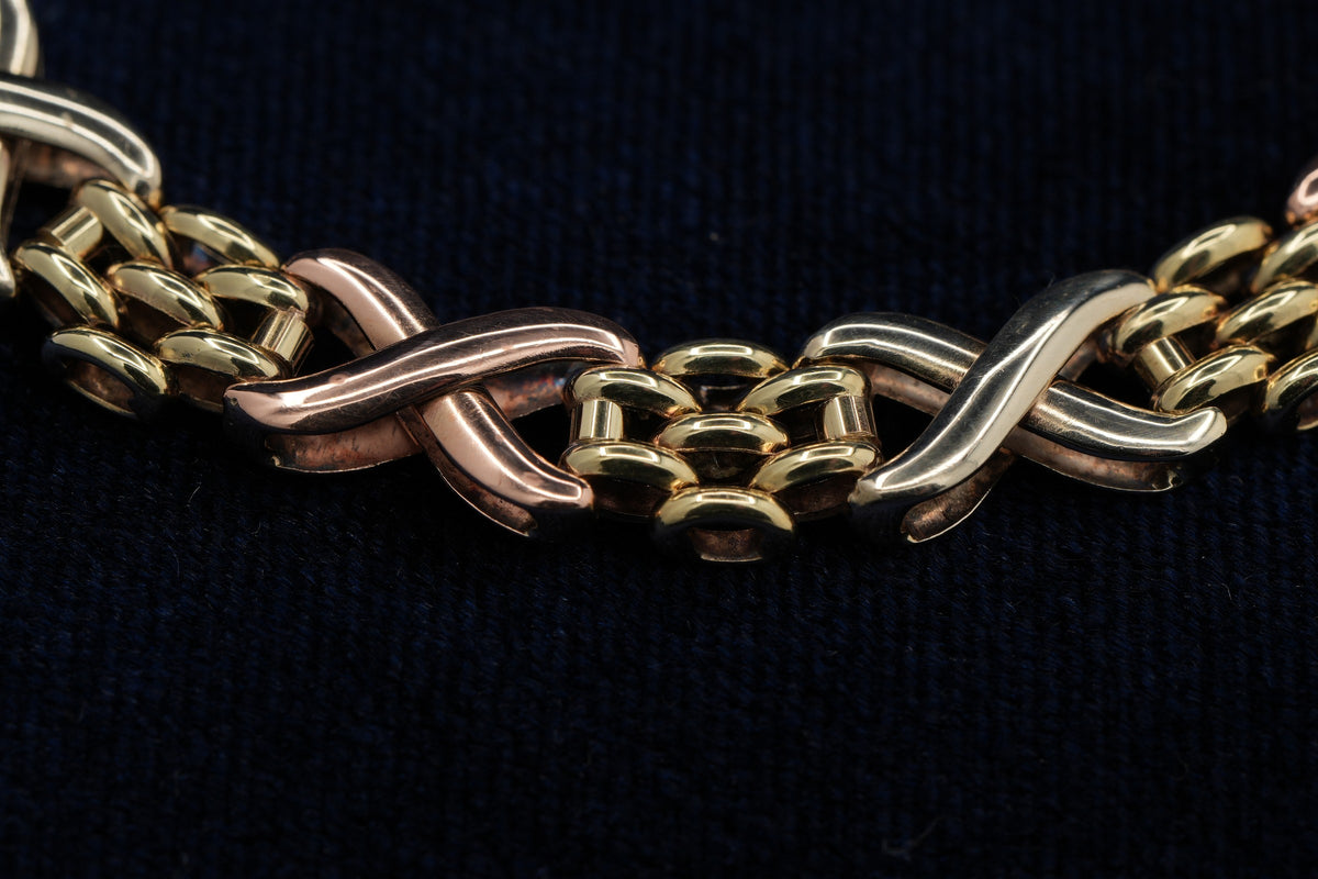 9ct tricolour gold fancy link bracelet, 18.7 cm, Sheffield hallmarked