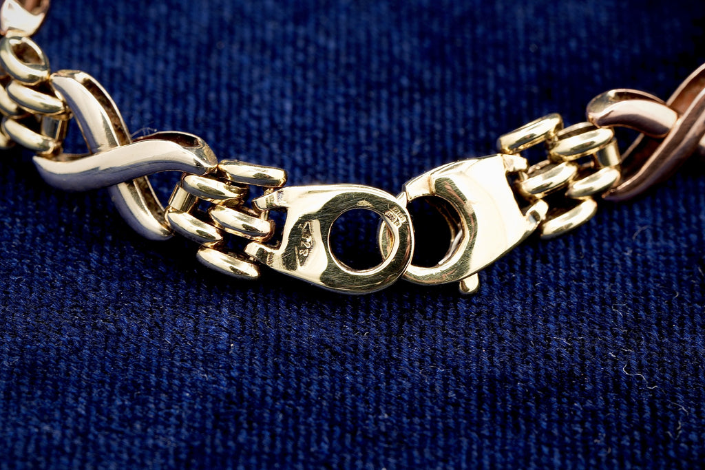 9ct tricolour gold fancy link bracelet, 18.7 cm, Sheffield hallmarked