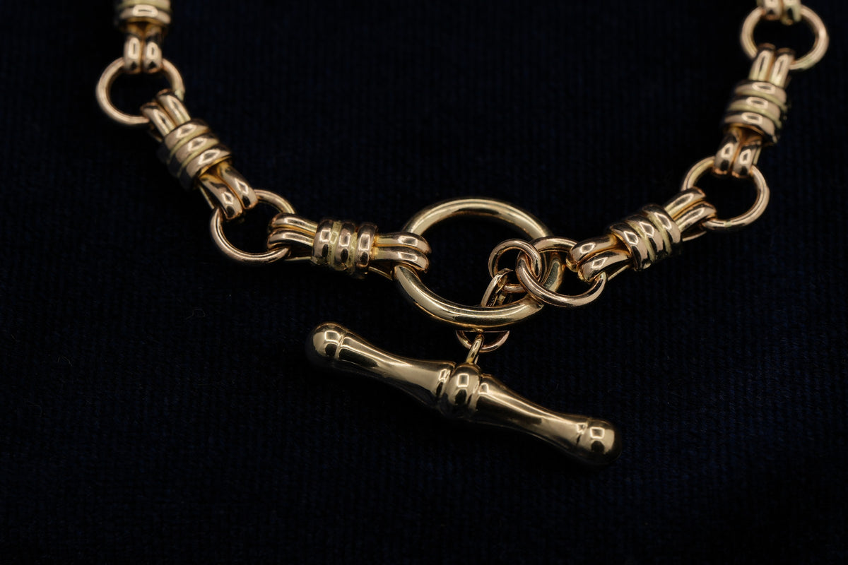14ct yellow gold hay bale link bracelet with T-bar, 19.5 cm, hallmarked
