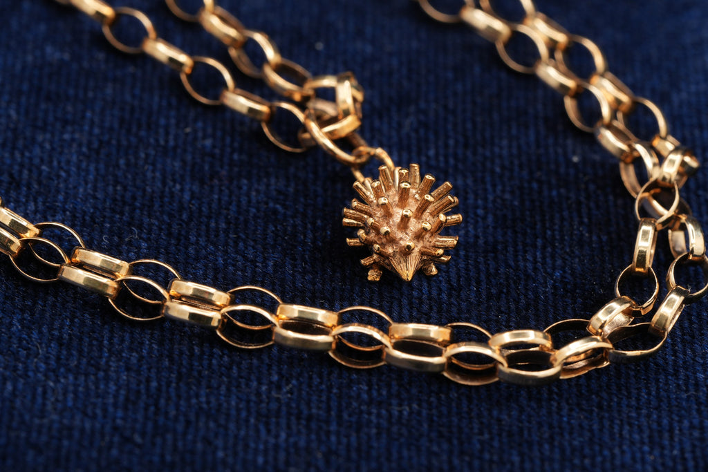 9ct gold belcher chain necklace with hedgehog charm, hallmarked