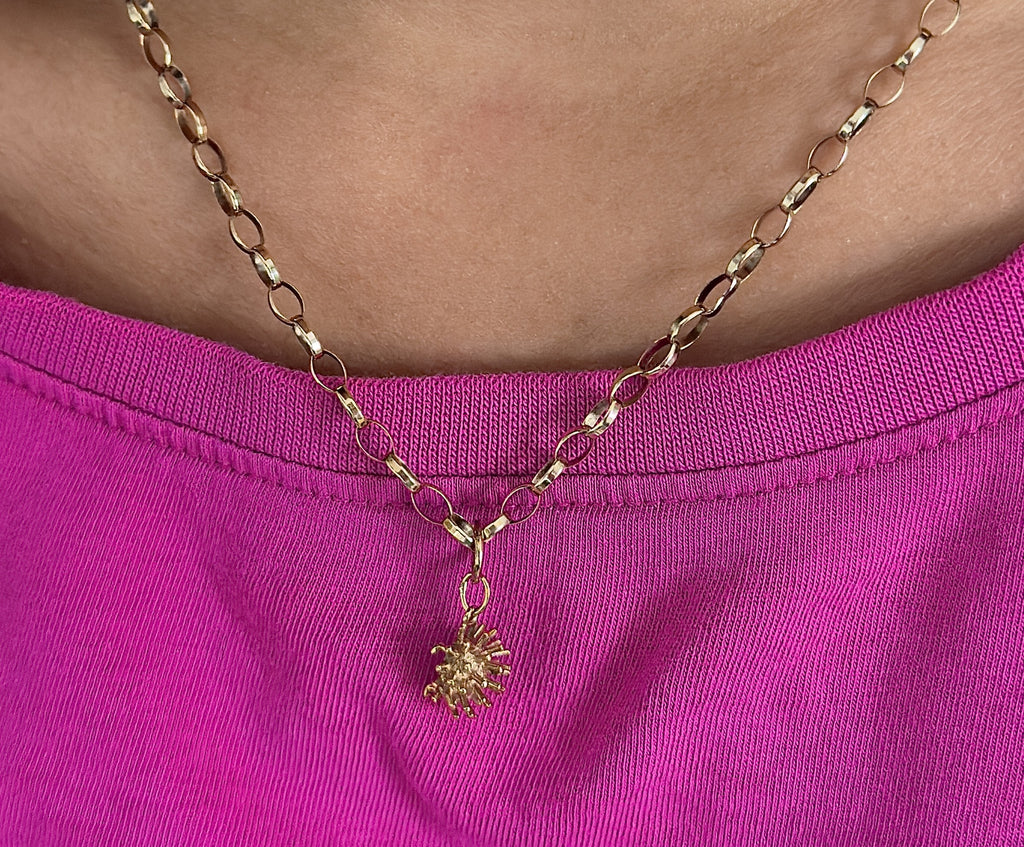 9ct gold belcher chain necklace with hedgehog charm, hallmarked