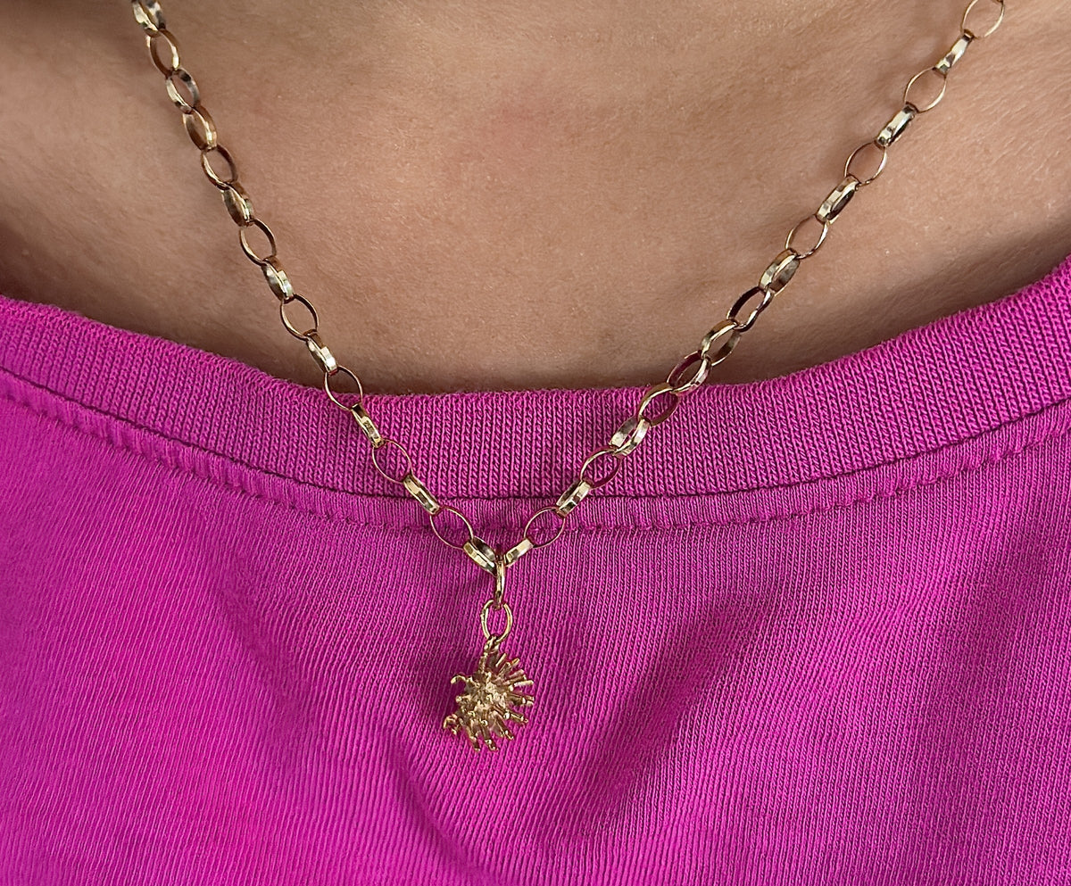 9ct gold belcher chain necklace with hedgehog charm, hallmarked