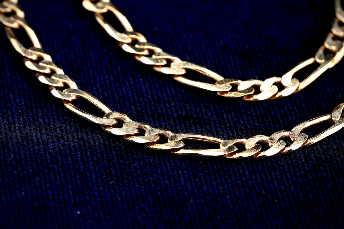 Solid 9ct yellow gold figaro chain necklace, 30 inch, 21.74 g, hallmarked