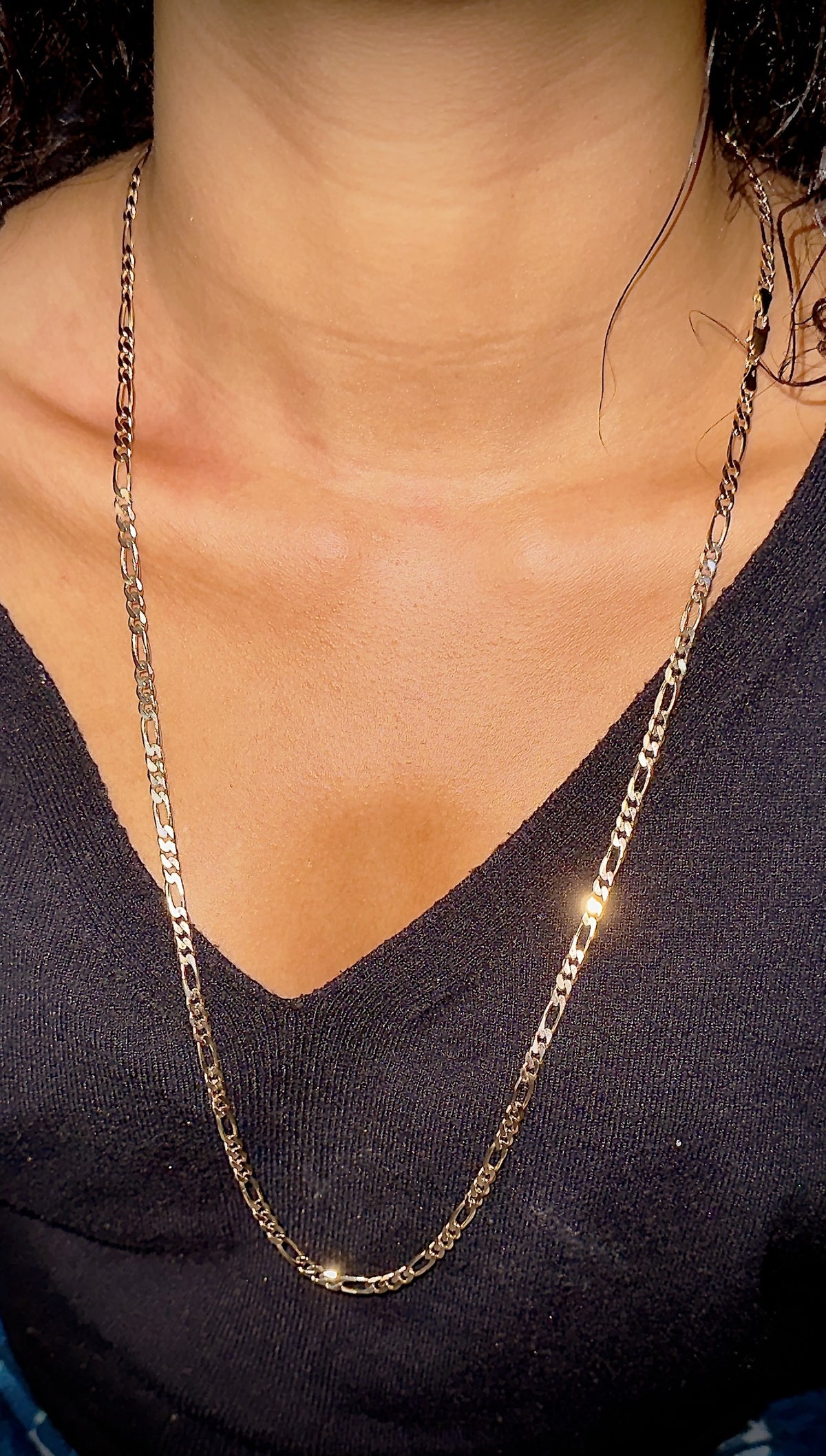 Solid 9ct yellow gold figaro chain necklace, 30 inch, 21.74 g, hallmarked