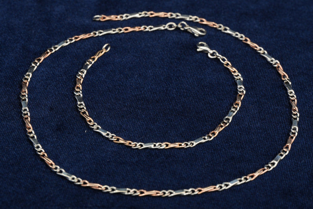 9ct rose and white gold curb and bar link necklace and bracelet set, London hallmarked