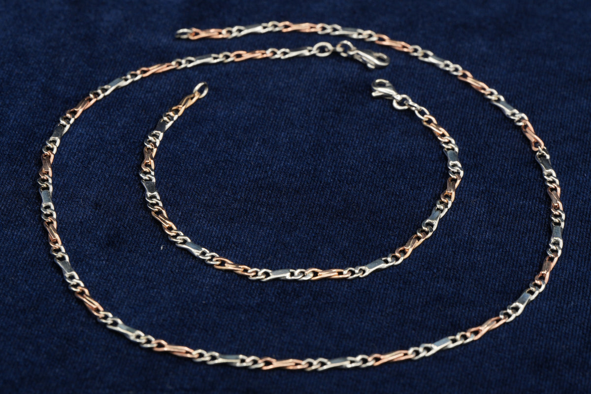 9ct rose and white gold curb and bar link necklace and bracelet set, London hallmarked