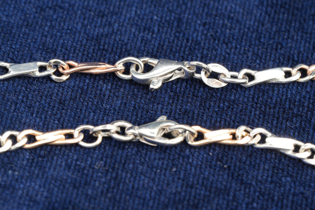 9ct rose and white gold curb and bar link necklace and bracelet set, London hallmarked