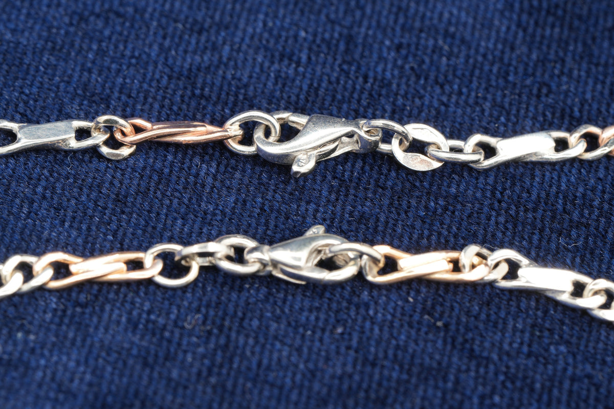 9ct rose and white gold curb and bar link necklace and bracelet set, London hallmarked