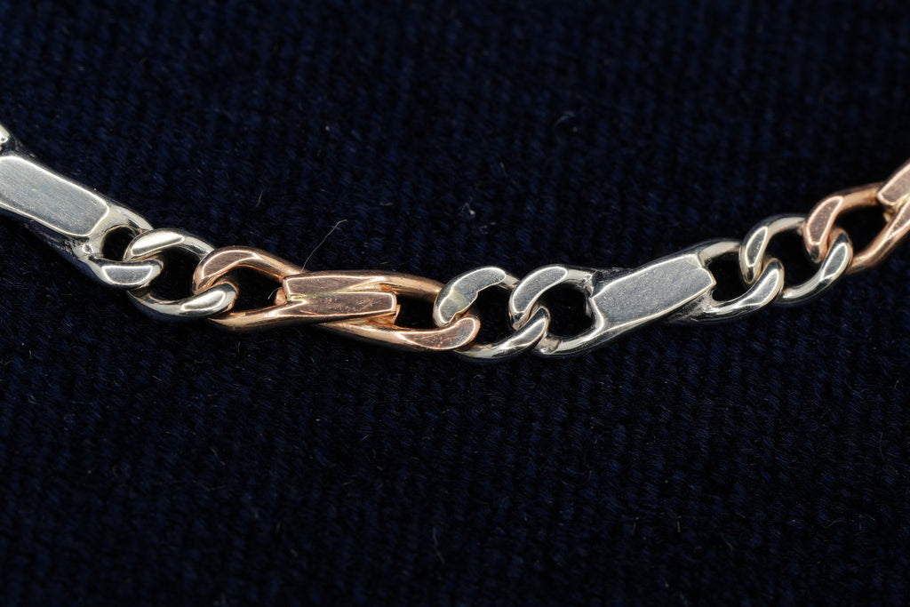 9ct rose and white gold curb and bar link necklace and bracelet set, London hallmarked