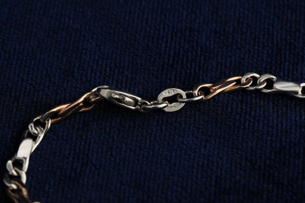 9ct rose and white gold curb and bar link necklace and bracelet set, London hallmarked